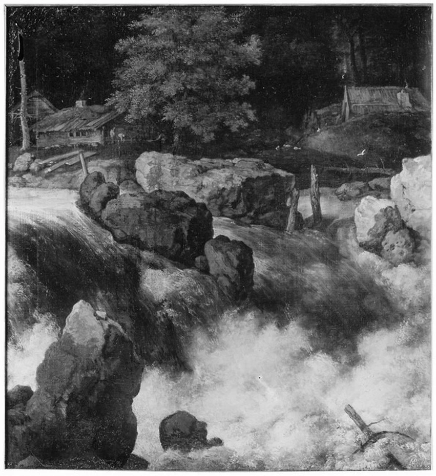 Paesaggio di montagna con capanne vicino a una cascata